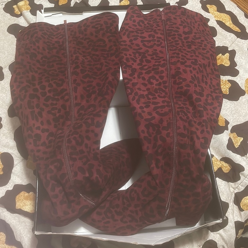 Torrid Burgundy Leopard thigh boots